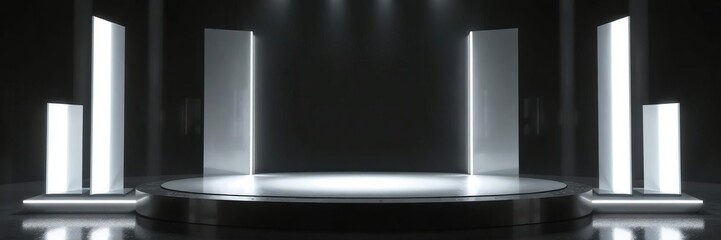 Futuristic dark podium with glowing light and reflective background, glowing, stage