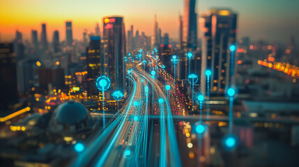 Obraz premium Smart digital Innovation city with connection network reciprocity over the cityscape. of future smart wireless digital city and social media networking systems that connects people with in city