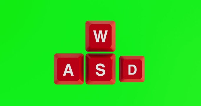 4k Resolution Video: Red WASD Gaming Keyboard Keys Appears on a Green Screen  with Alpha Mate