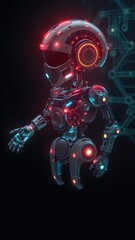 Futuristic robot with glowing circuits and digital brain on dark background, robot, conceptual technology