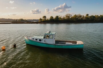 Fishing boat moored in the harbour at sunset. Orr's Island, Harpswell, Maine, United States.