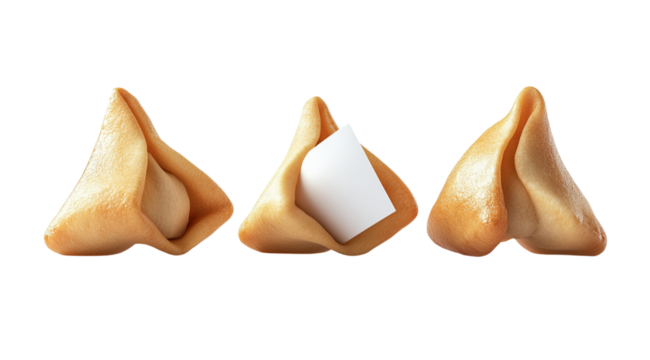 Three fortune cookies in the row close up, created with Generative AI technology, PNG