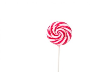 A close-up photo of a pink and red swirl lollipop on a pure white background, wrapped, snack, isolated