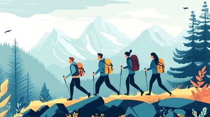 Fototapeta premium Group of hikers trekking through a scenic mountain landscape, surrounded by trees and rocky terrain.