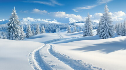 Fototapeta premium A snowy winter forest scenery with no one in sight, with snowy mountains in the distance. Ski tracks across the snowy field. Winter, season, travel, sports, christmas, nature, landscape concept.