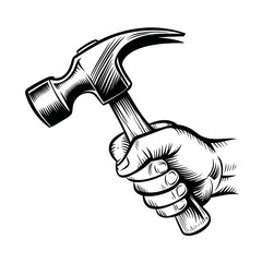 Hand Holding Hammer Illustration, Black and White, DIY Concept