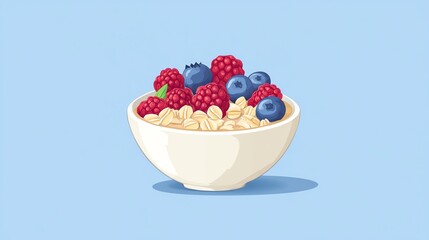 Delicious bowl of mixed berries and oatmeal on a soft blue background.