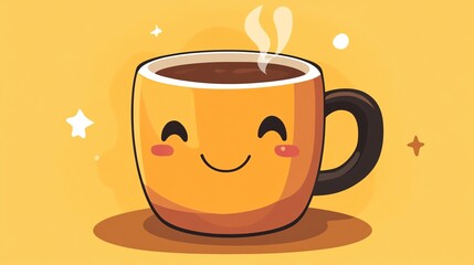 Cute smiling coffee mug with steam on a cheerful yellow background.