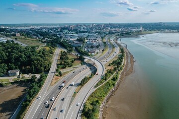 Freeway and East Bayside-India Street leading towards downtown Portland, Maine, United States.