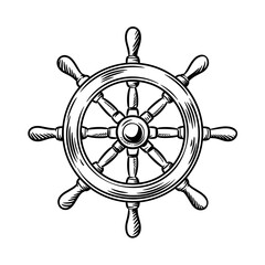 Ship Wheel Vintage Doodle Style Illustration, Vector