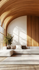 The interior design of the modern living room with wooden columns in the loft style, brick, marble, and wood decorations