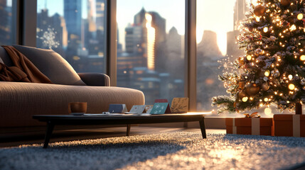 Fototapeta premium cozy living room featuring Christmas tree adorned with lights and decorations, surrounded by festive cards and gifts. warm sunlight creates cheerful atmosphere