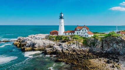 Portland Head Light and rocky coastline, Cape Elizabeth, Portalnd, Maine, United States.