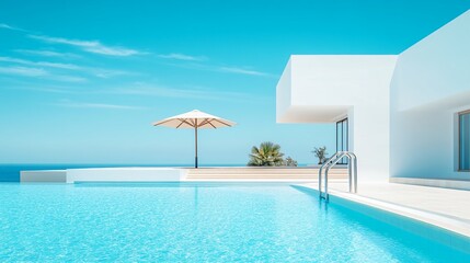 Fototapeta premium Relaxing at a Private Pool by the Beach in a Luxurious Hotel or Vacation Home, Perfect for a Calm and Rejuvenating Getaway