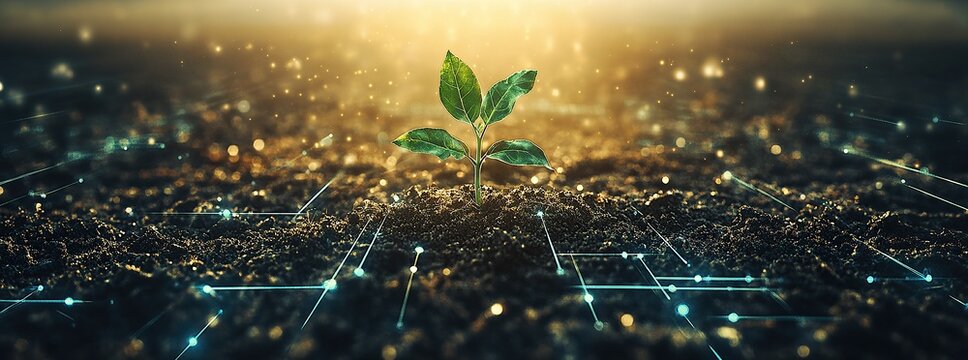 A young plant growing in rich soil with a network of glowing lines connecting dots in the background, representing growth and connection.