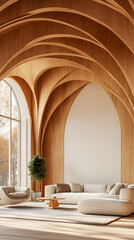 The interior design of the modern living room with wooden columns in the loft style, brick, marble, and wood decorations