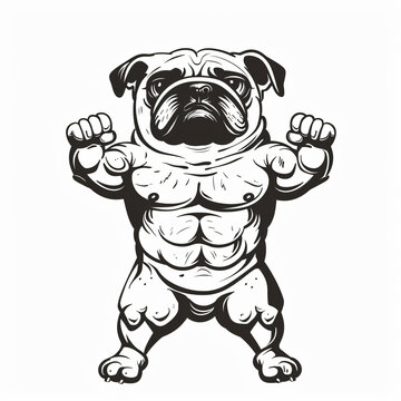 recommend clip art: Cute cartoon pug bodybuilder black line art, strong muscular arms raised, playful dog character design,children’s stickers,apparel, greeting cards,pet branding,gym,workout,fitness,abs,logo,shelter,
