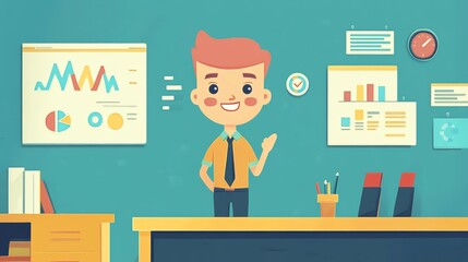 Cheerful businessman standing in office, smiling with charts and graphs in the background.