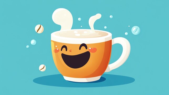 Cheerful coffee cup with a smile, bubbles, and coffee beans on a vibrant background.