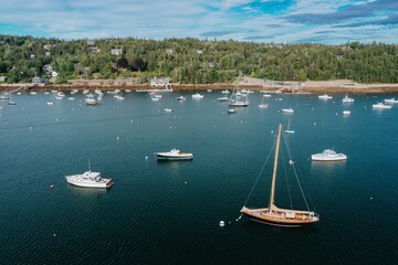 ,Boats moored in Seal Harbor, that borders on Acadia National Park. Maine, United States.