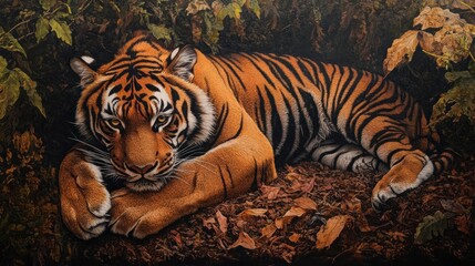 A majestic Bengal tiger lies amongst fallen leaves, its golden eyes staring directly at the viewer.