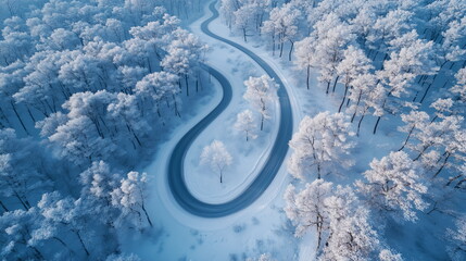 An empty asphalt road winding through a snowy forest, a quiet winter forest landscape. Aerial photo. Top view. Snowy landscape, winter landscape, travel, christmas, vacation, nature.