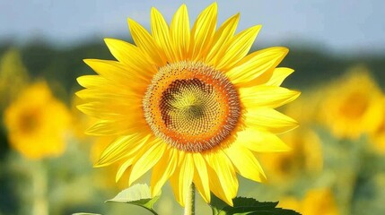 Fototapeta premium Bright Yellow Sunflower in Full Bloom Against Green Field