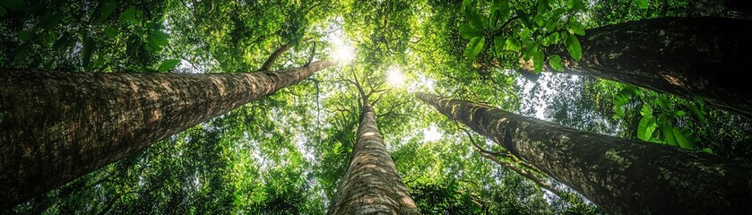 Fototapeta premium Upward View Through Dense Tropical Forest Canopy Showcasing Rich Biodiversity and Natural Ecosystem Supporting Environmental Sustainability in Carbon Reduction Process