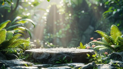 A stone platform in a lush green forest with sun rays shining through the trees.
