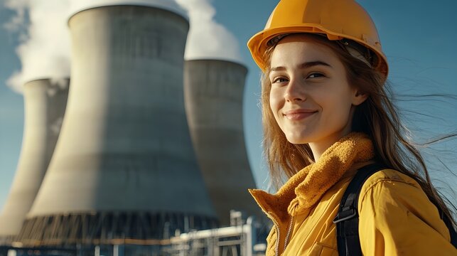 Portrait of a confident and professional female nuclear engineer standing in front of the cooling towers at a nuclear power plant  The image represents the technology energy production