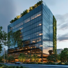 Fototapeta premium Modern office building features a sleek glass facade with sustainable architecture, incorporating energy-efficient elements like solar panels and LED lighting to minimize carbon footprint.