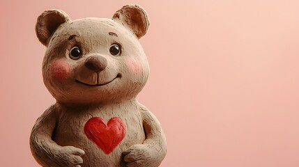 Cute Clay Bear Holding a Red Heart on Pink Background