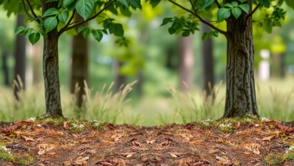 Forest floor with trees and lush greenery. Natural and tranquil woodland scene