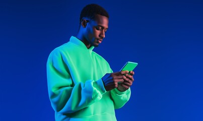 Young man wearing a bright green hoodie interacts with a smartphone against a vibrant blue background during the evening