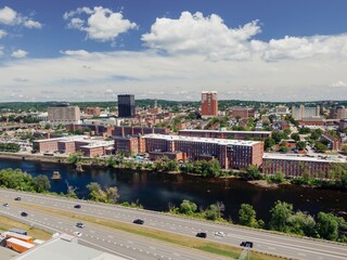 Merrimack River and downtown Manchester, New Hampshire, United States.