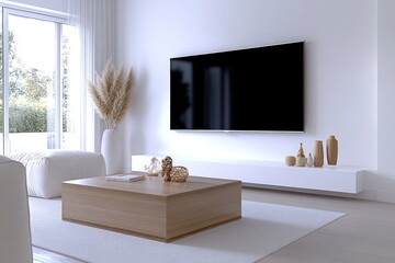 Scandinavian Minimalist Living Room with Wooden Coffee Table, Sofa, and TV