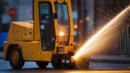 Yellow street cleaning machine on a city street early in the morning