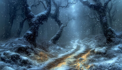 A mystical and haunting Christmas forest at night, with a wintry atmosphere and an ethereal glow, creating a sense of solitude and contemplation.