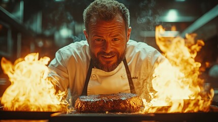 Chef Creating Gourmet Dish with Flames