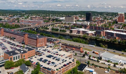 Merrimack River and downtown Manchester, New Hampshire, United States.