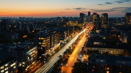 Fototapeta premium A futuristic cityscape illuminated by energy-efficient LED lights at night, showcasing eco-friendly architecture, glowing skyline, and sustainable urban development focused on green innovation