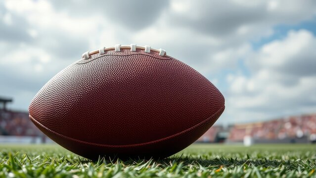 Football on grass with a stadium in the background. Iconic sports imagery