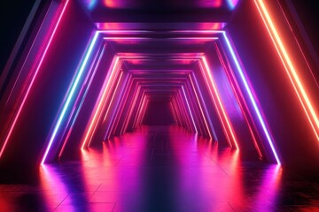 Fototapeta premium An abstract neon light background with glowing lasers in a geometric corridor, featuring purple and red hues, reminiscent of a nightclub stage that creates an energetic party atmosphere
