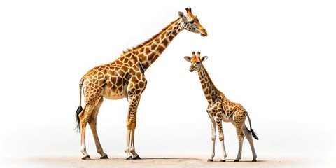 Obraz premium Giraffe with calf on white background, medium shot