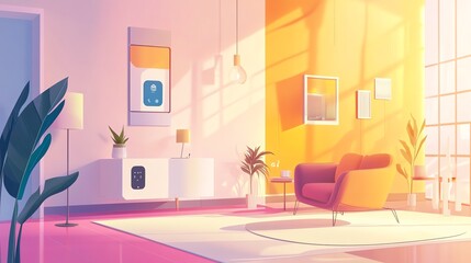 A cozy, modern living room with vibrant colors and stylish furniture, illuminated by warm sunlight.