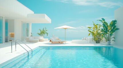 Fototapeta premium Relaxing at a Private Pool by the Beach in a Luxurious Hotel or Vacation Home, Perfect for a Calm and Rejuvenating Getaway
