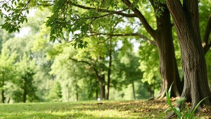 Fototapeta premium Lush green park with tall trees and sunlight filtering through leaves. Peaceful natural landscape