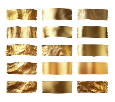 Golden Foil Tape Textures and Shiny Metallic Adhesive Strips: Gold Tape Patterns and Crumpled Pieces, Isolated on Transparent Background in PNG Format - Collection, Set, Template