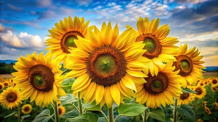 Obraz premium Vibrant bouquet of sunflowers with large bright yellow petals and dark centers standing upright in a field, yellow, field, flowers, arrangement, sunlight