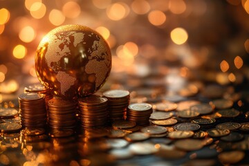 A gleaming golden globe sits atop piles of neatly stacked coins, symbolizing wealth and global